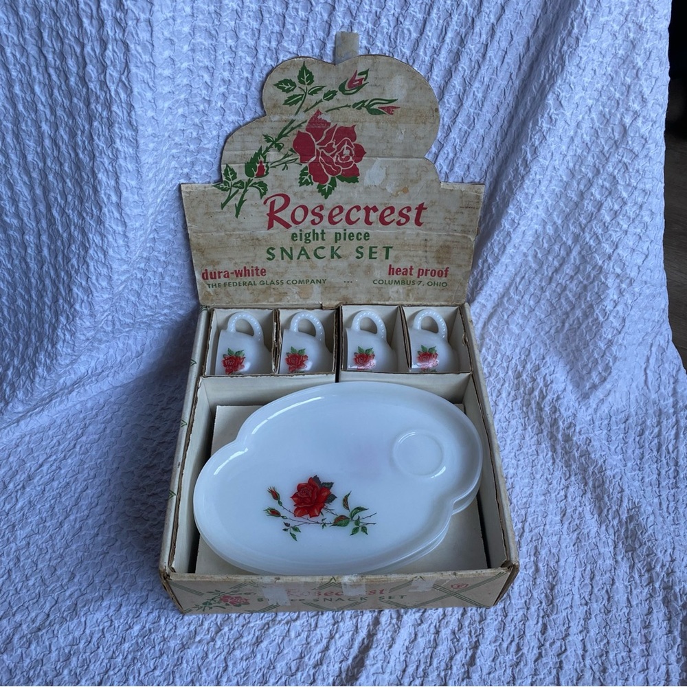 Vintage Federal Glass Rose Snack plate set with box 8 piece set white milk glass